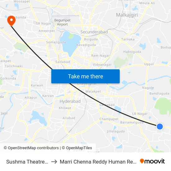 Sushma Theatre Vanasthalipuram to Marri Chenna Reddy Human Resources Development Institute map