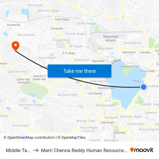 Middle Tank Bund to Marri Chenna Reddy Human Resources Development Institute map