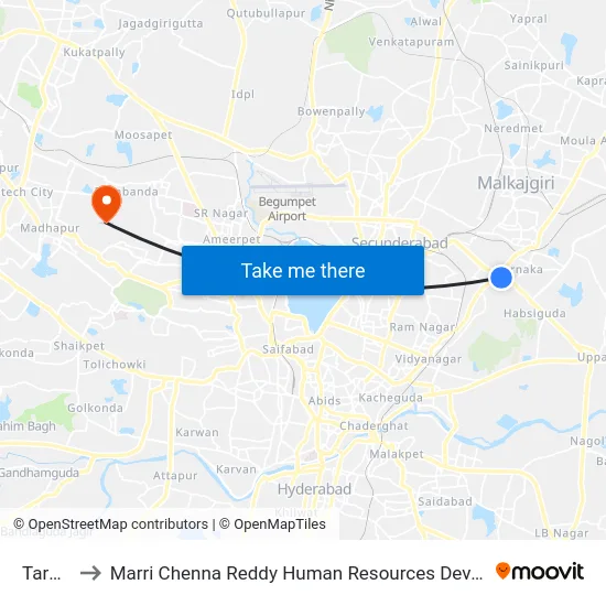 Tarnaka to Marri Chenna Reddy Human Resources Development Institute map