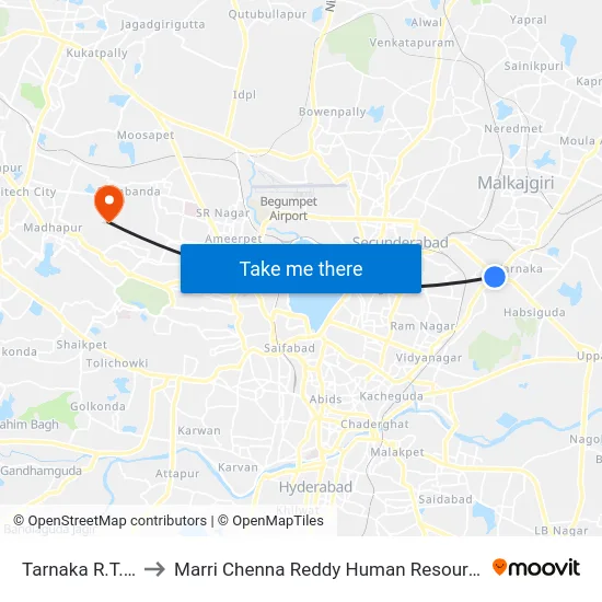 Tarnaka R.T.C Hospital to Marri Chenna Reddy Human Resources Development Institute map