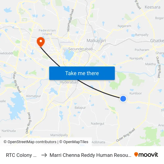 RTC Colony Hayathnagar to Marri Chenna Reddy Human Resources Development Institute map