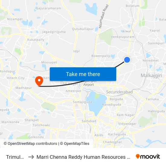 Trimulgherry to Marri Chenna Reddy Human Resources Development Institute map