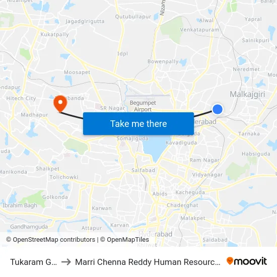 Tukaram Gate Road to Marri Chenna Reddy Human Resources Development Institute map