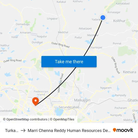 Turkapally to Marri Chenna Reddy Human Resources Development Institute map