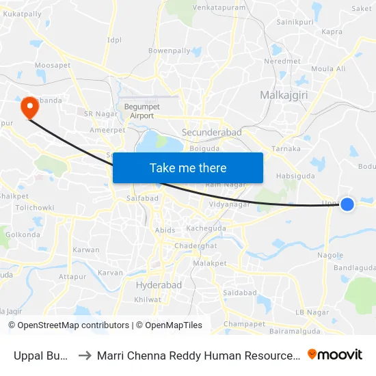 Uppal Bus Station to Marri Chenna Reddy Human Resources Development Institute map