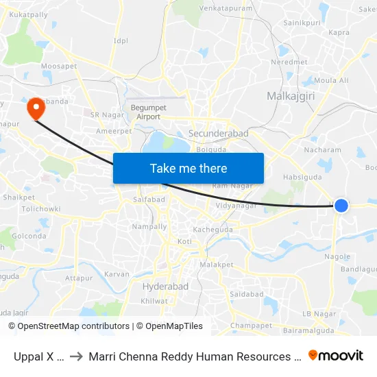 Uppal X Roads to Marri Chenna Reddy Human Resources Development Institute map