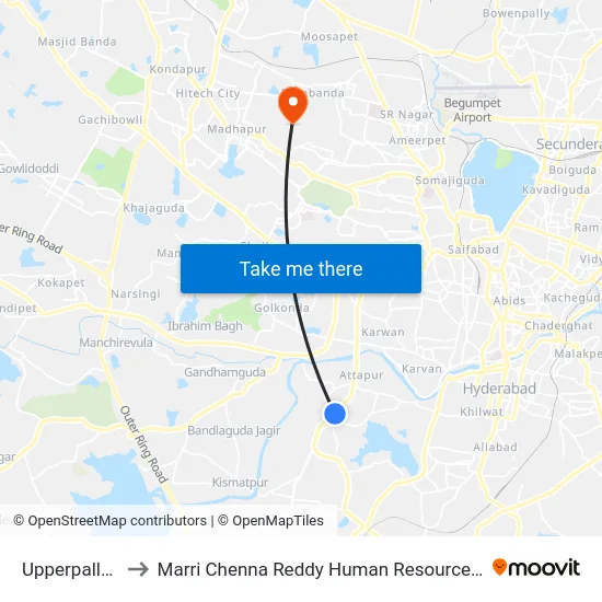 Upperpally X Road to Marri Chenna Reddy Human Resources Development Institute map