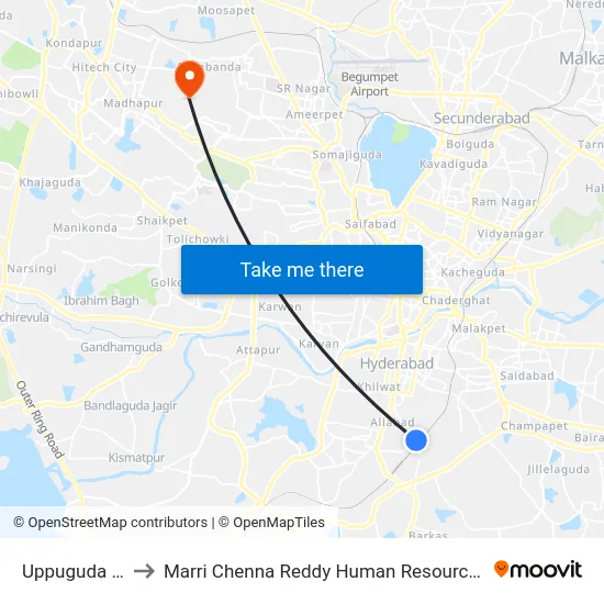 Uppuguda Bus Stop to Marri Chenna Reddy Human Resources Development Institute map