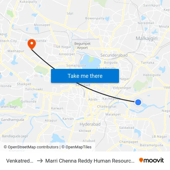 Venkatreddy Nagar to Marri Chenna Reddy Human Resources Development Institute map