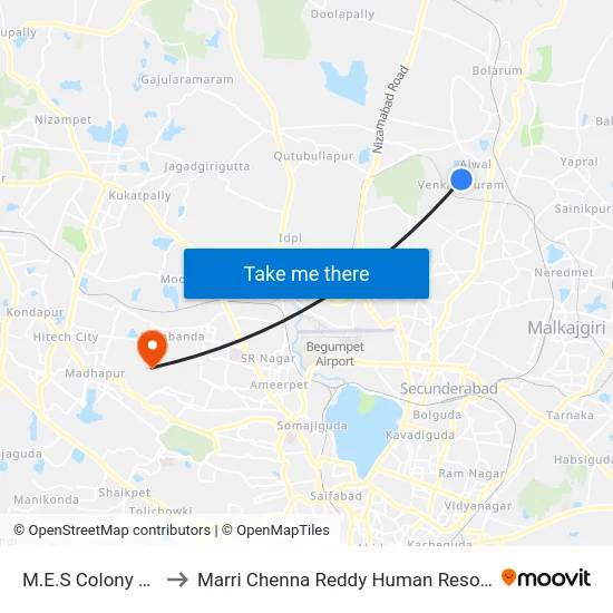 M.E.S Colony Venkatapuram to Marri Chenna Reddy Human Resources Development Institute map