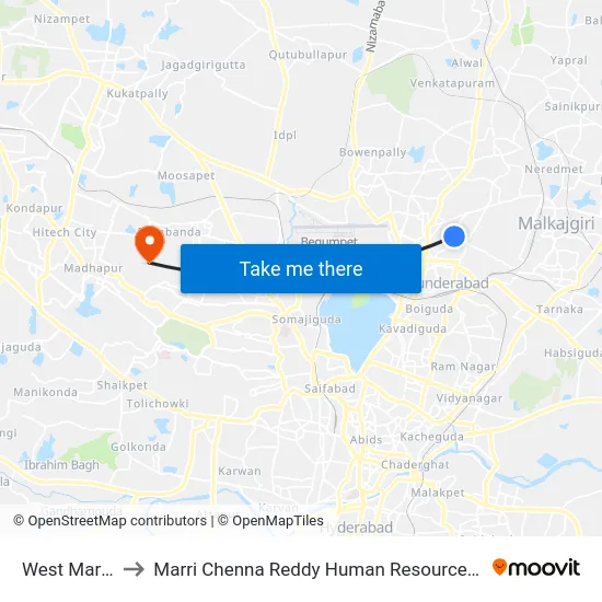 West Marredpally to Marri Chenna Reddy Human Resources Development Institute map