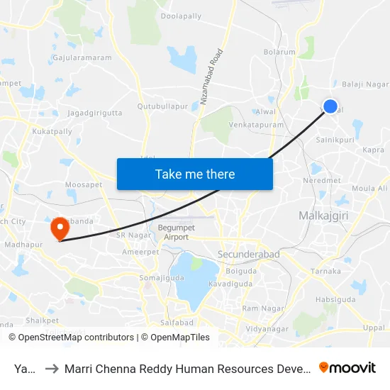 Yapral to Marri Chenna Reddy Human Resources Development Institute map