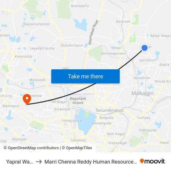 Yapral Water Tank to Marri Chenna Reddy Human Resources Development Institute map