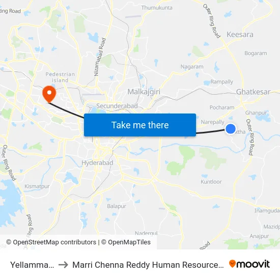 Yellamma Temple to Marri Chenna Reddy Human Resources Development Institute map