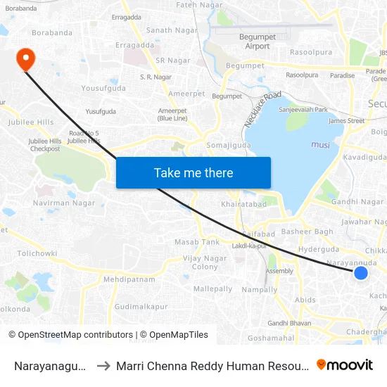 Narayanaguda (Y.M.C.A) to Marri Chenna Reddy Human Resources Development Institute map