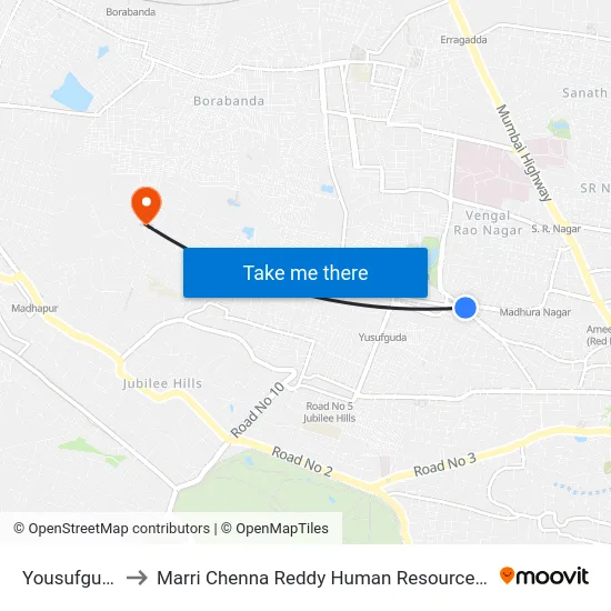 Yousufguda Basti to Marri Chenna Reddy Human Resources Development Institute map