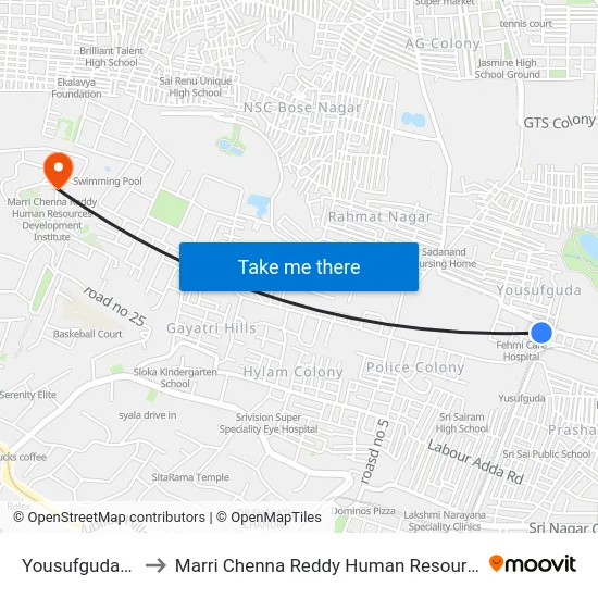 Yousufguda Checkpost to Marri Chenna Reddy Human Resources Development Institute map