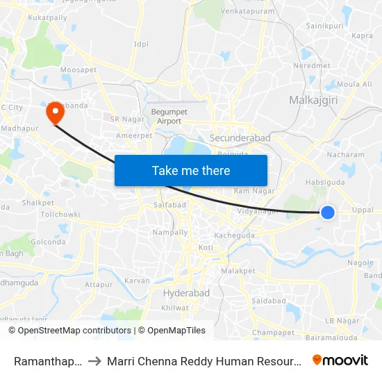 Ramanthapur Church to Marri Chenna Reddy Human Resources Development Institute map
