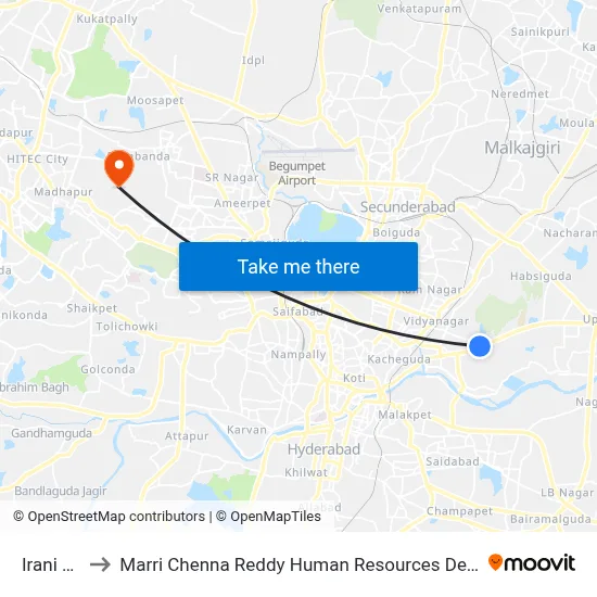 Irani Hotel to Marri Chenna Reddy Human Resources Development Institute map