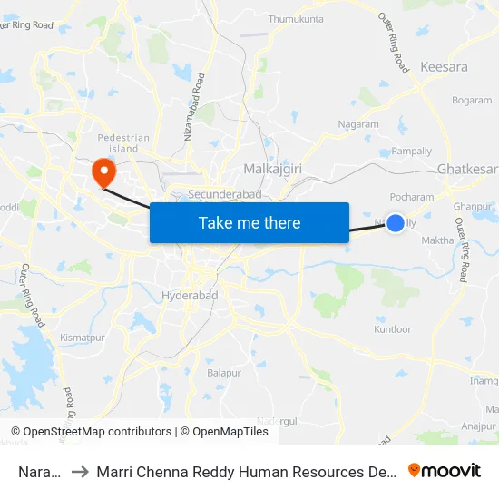 Narapally to Marri Chenna Reddy Human Resources Development Institute map