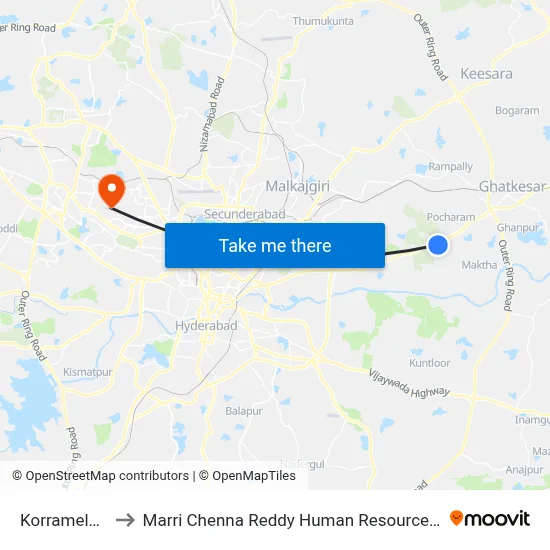 Korramelu X Road to Marri Chenna Reddy Human Resources Development Institute map