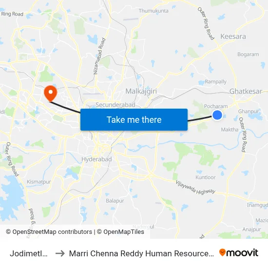 जोडीमेटला एक्स रोड to मारी चेन्ना रेड्डी मानव संसाधन विकास संस्थान map