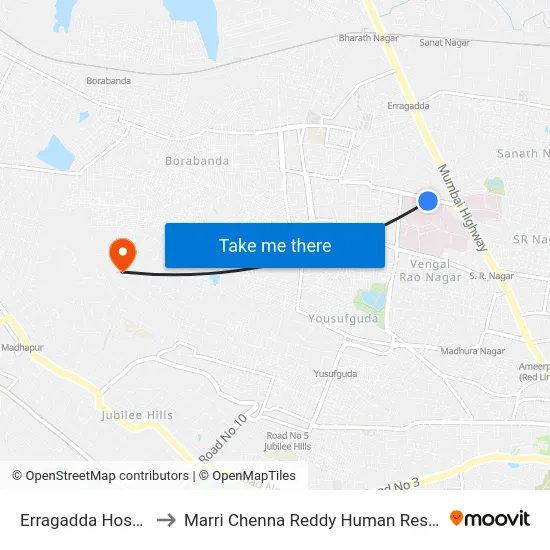 Erragadda Hospital A.G.Colony to Marri Chenna Reddy Human Resources Development Institute map