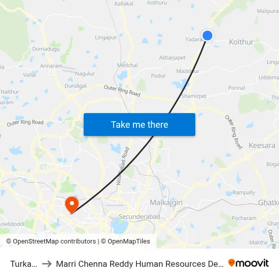 Turkapally to Marri Chenna Reddy Human Resources Development Institute map