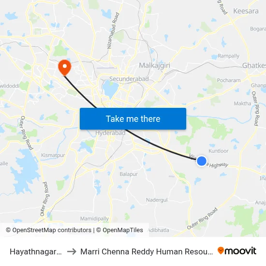 Hayathnagar Bus Station to Marri Chenna Reddy Human Resources Development Institute map