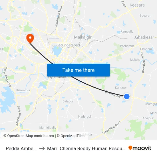 Pedda Amberpet X Road to Marri Chenna Reddy Human Resources Development Institute map