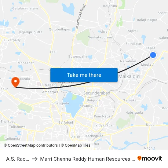 A.S. Rao Nagar to Marri Chenna Reddy Human Resources Development Institute map