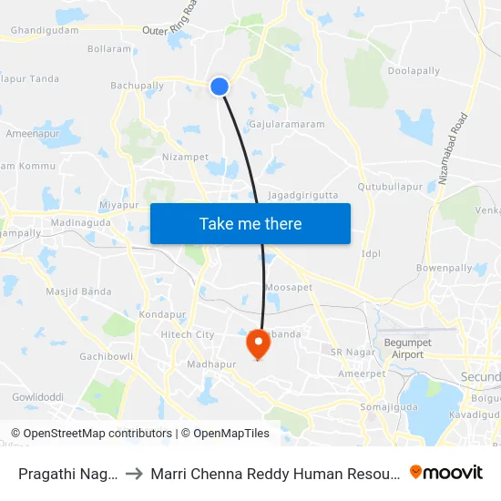 Pragathi Nagar Bus Stop to Marri Chenna Reddy Human Resources Development Institute map