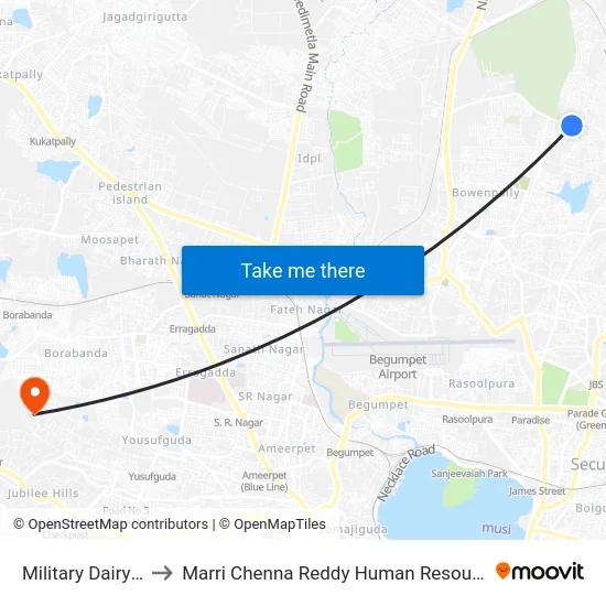 Military Dairy Farm Road to Marri Chenna Reddy Human Resources Development Institute map