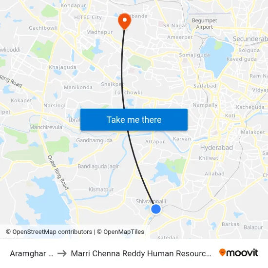 Aramghar X Roads to Marri Chenna Reddy Human Resources Development Institute map