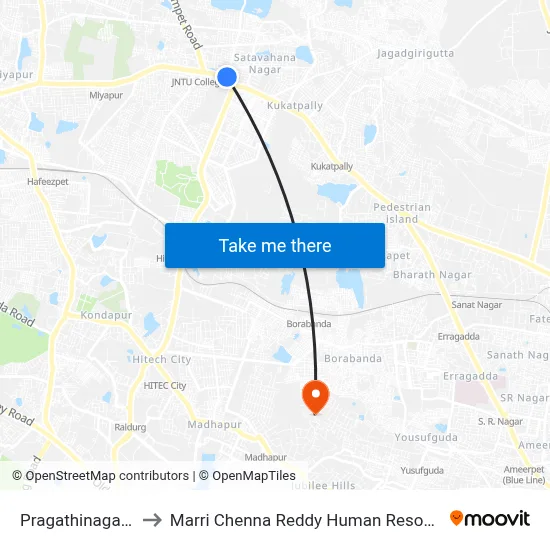 Pragathinagar Road JNTU to Marri Chenna Reddy Human Resources Development Institute map