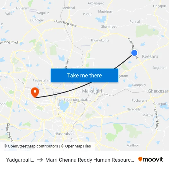 Yadgarpally X Road to Marri Chenna Reddy Human Resources Development Institute map