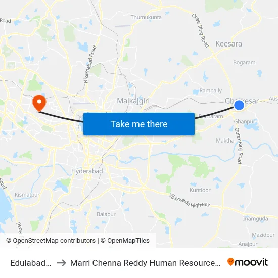 Edulabad X Road to Marri Chenna Reddy Human Resources Development Institute map