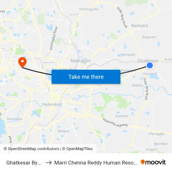 Ghatkesar Bypass Junction to Marri Chenna Reddy Human Resources Development Institute map