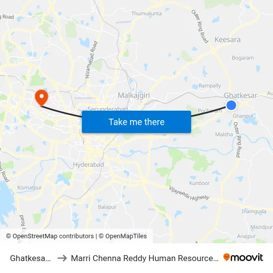 Ghatkesar Bypass to Marri Chenna Reddy Human Resources Development Institute map