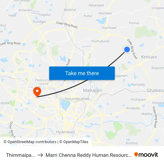 Thimmaipally Village to Marri Chenna Reddy Human Resources Development Institute map