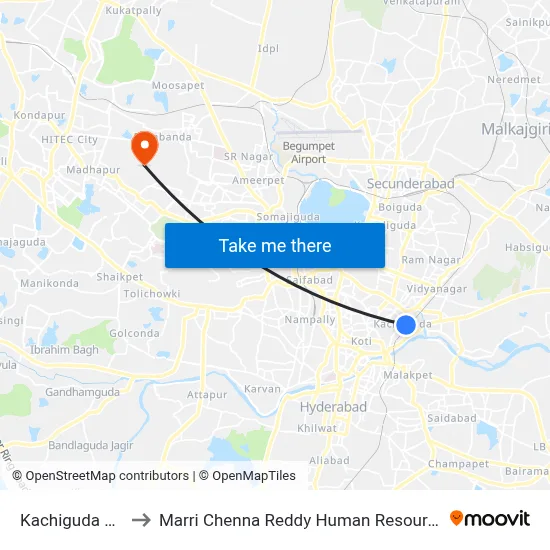 Kachiguda Bus Station to Marri Chenna Reddy Human Resources Development Institute map