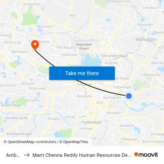 Amberpet to Marri Chenna Reddy Human Resources Development Institute map