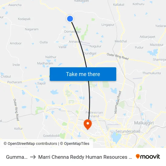 Gummadidala to Marri Chenna Reddy Human Resources Development Institute map