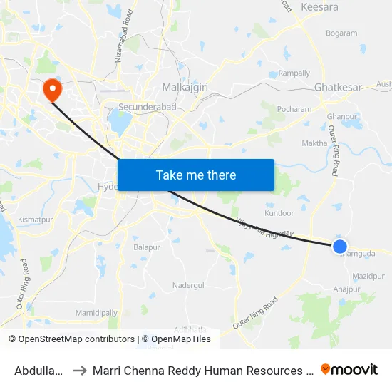 Abdullapurmet to Marri Chenna Reddy Human Resources Development Institute map