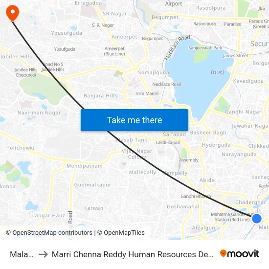 Malakpet to Marri Chenna Reddy Human Resources Development Institute map