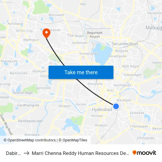 Dabirpura to Marri Chenna Reddy Human Resources Development Institute map