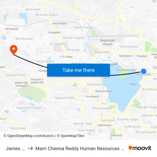James Street to Marri Chenna Reddy Human Resources Development Institute map