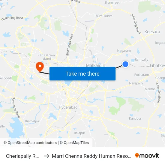 Cherlapally Railway Station to Marri Chenna Reddy Human Resources Development Institute map