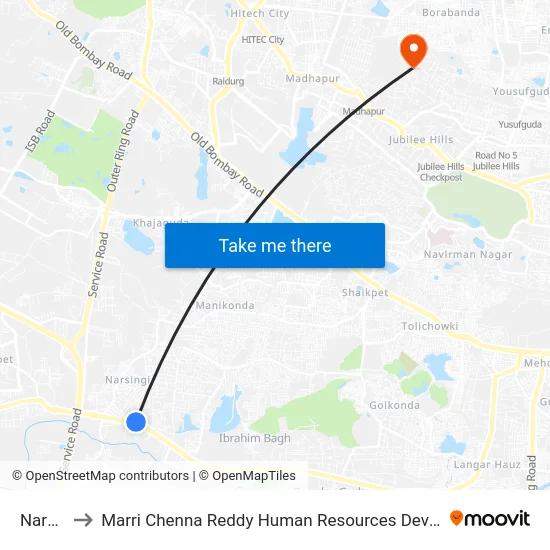 Narsingi to Marri Chenna Reddy Human Resources Development Institute map