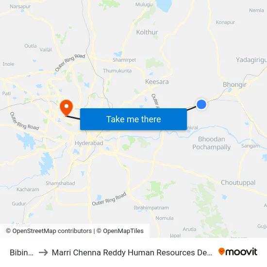 Bibinagar to Marri Chenna Reddy Human Resources Development Institute map